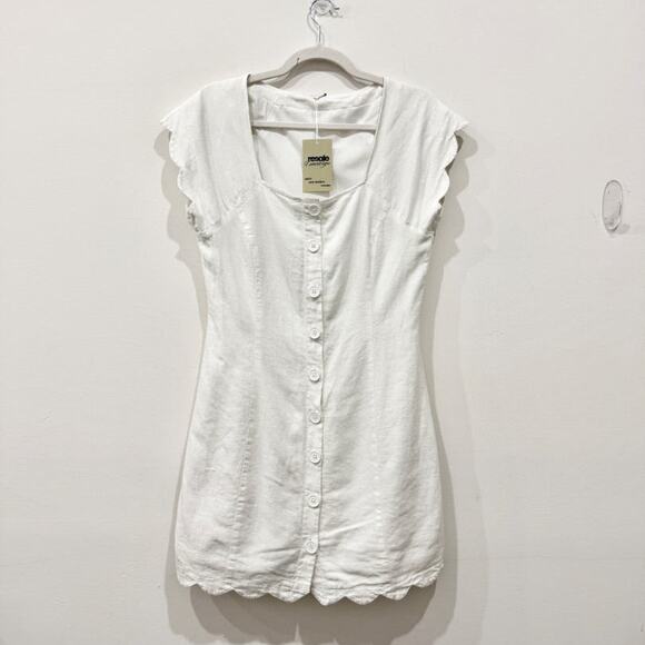 Linen Sleeveless Scalloped Button-Front Shift Mini Dress White Women's Medium - Picture 2 of 3